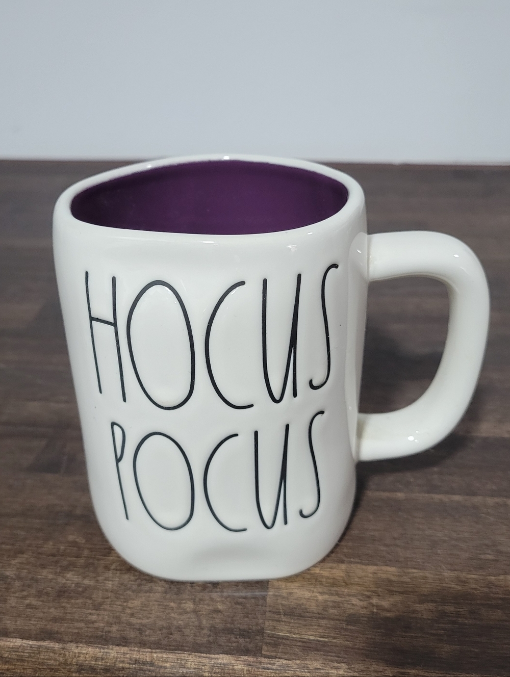 Rae Dunn Hocus Pocus Ceramic Mug - White Exterior with Purple Interior